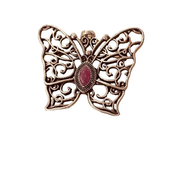 Silvertone Butterfly Pendant Brooch Purple Jewel 1.5" Filigree Style - Picture 11 of 14